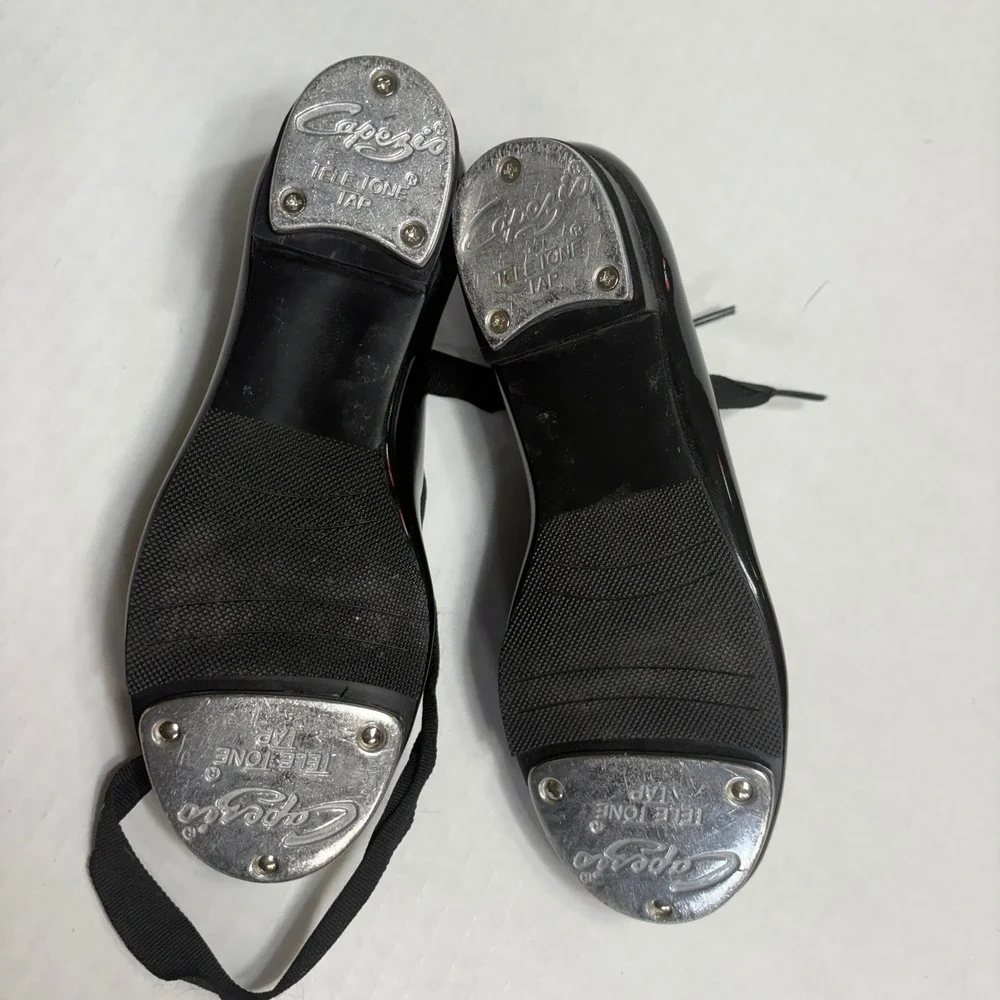 Capezio Jr. Tyette Tap Shoes Kids 2M Black Patent Ribbon Lace Up‎ N625C